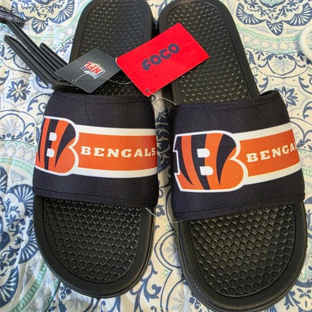 FOCO Cincinnati Bengals NFL Mens Slide Sandals Black Orange White Size 11-12 NEW